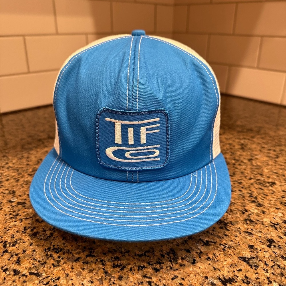 Vtg Tifco Industries K-Products Trucker Hat Blue Cream Snapback Made in USA
